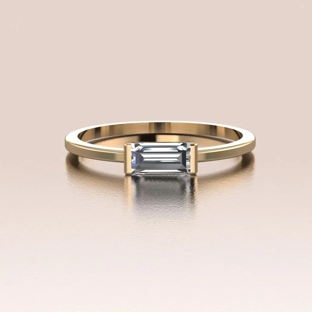 14k Gold Tiny Sideways Horizontal Crystal Baguette Ring