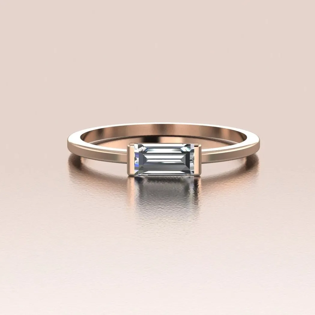 14k Gold Tiny Sideways Horizontal Crystal Baguette Ring