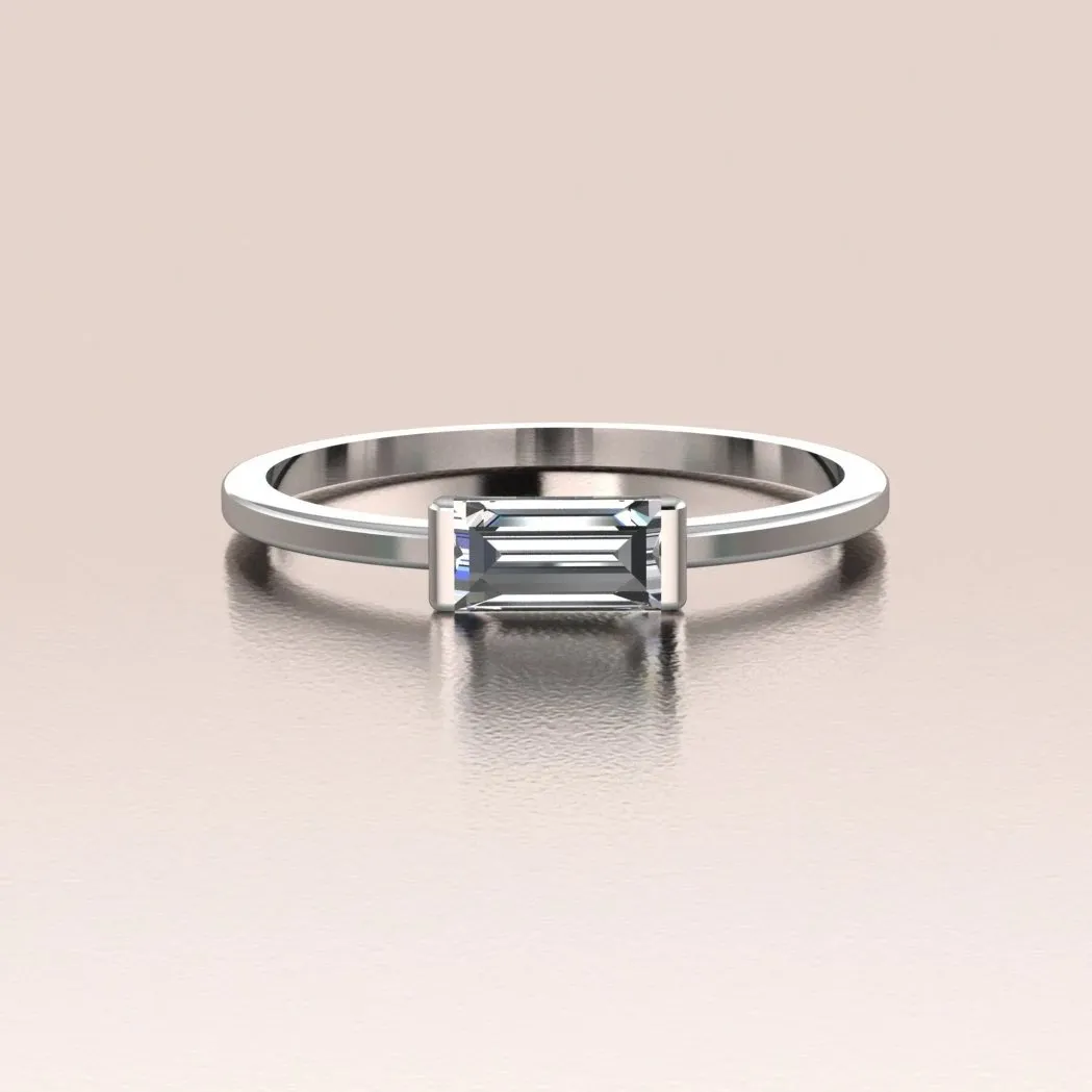 14k Gold Tiny Sideways Horizontal Crystal Baguette Ring