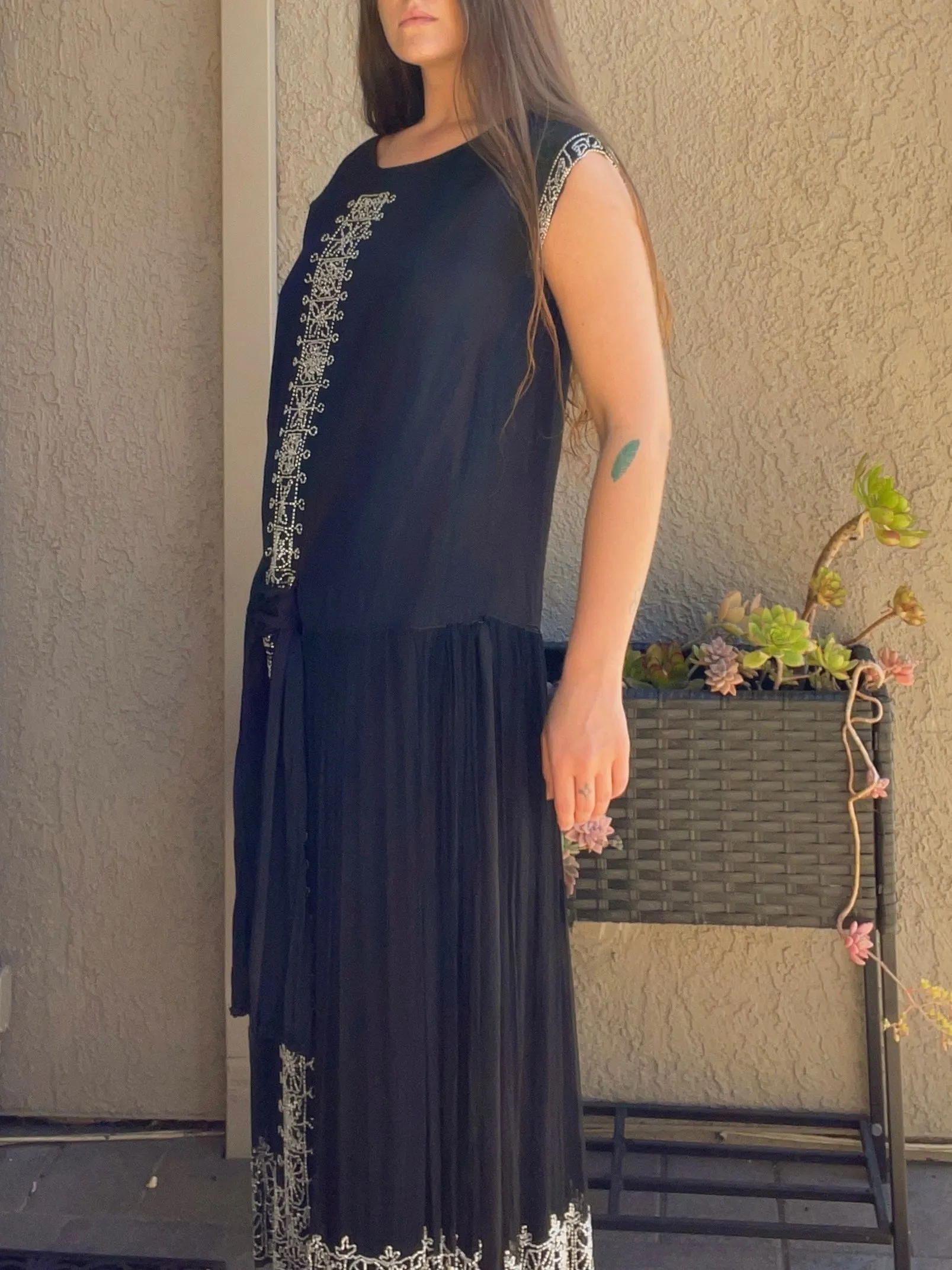 1920s Beaded Chiffon and Crepe Bow Dress