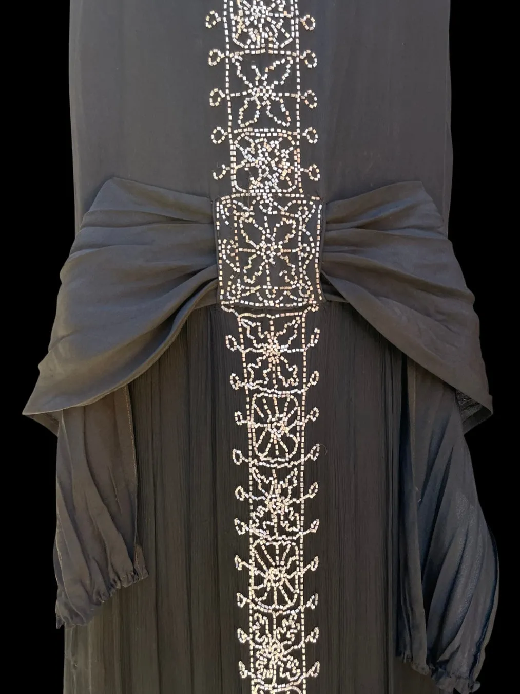 1920s Beaded Chiffon and Crepe Bow Dress