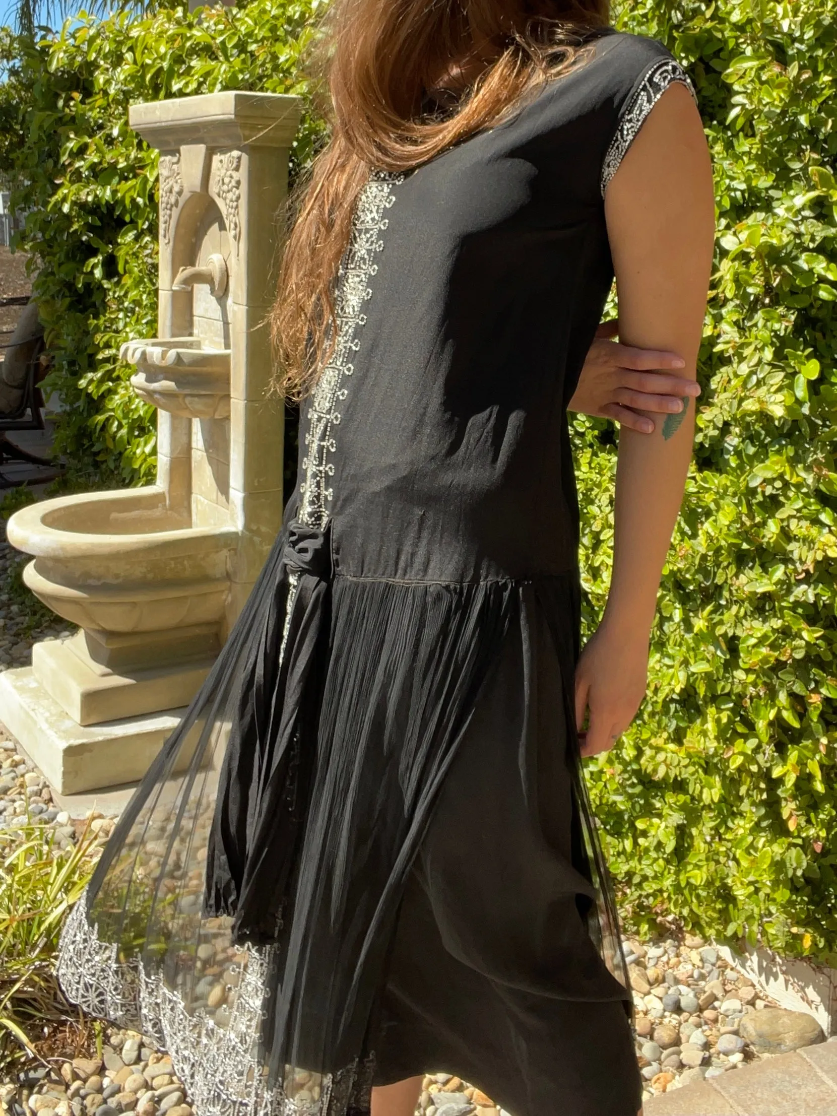 1920s Beaded Chiffon and Crepe Bow Dress