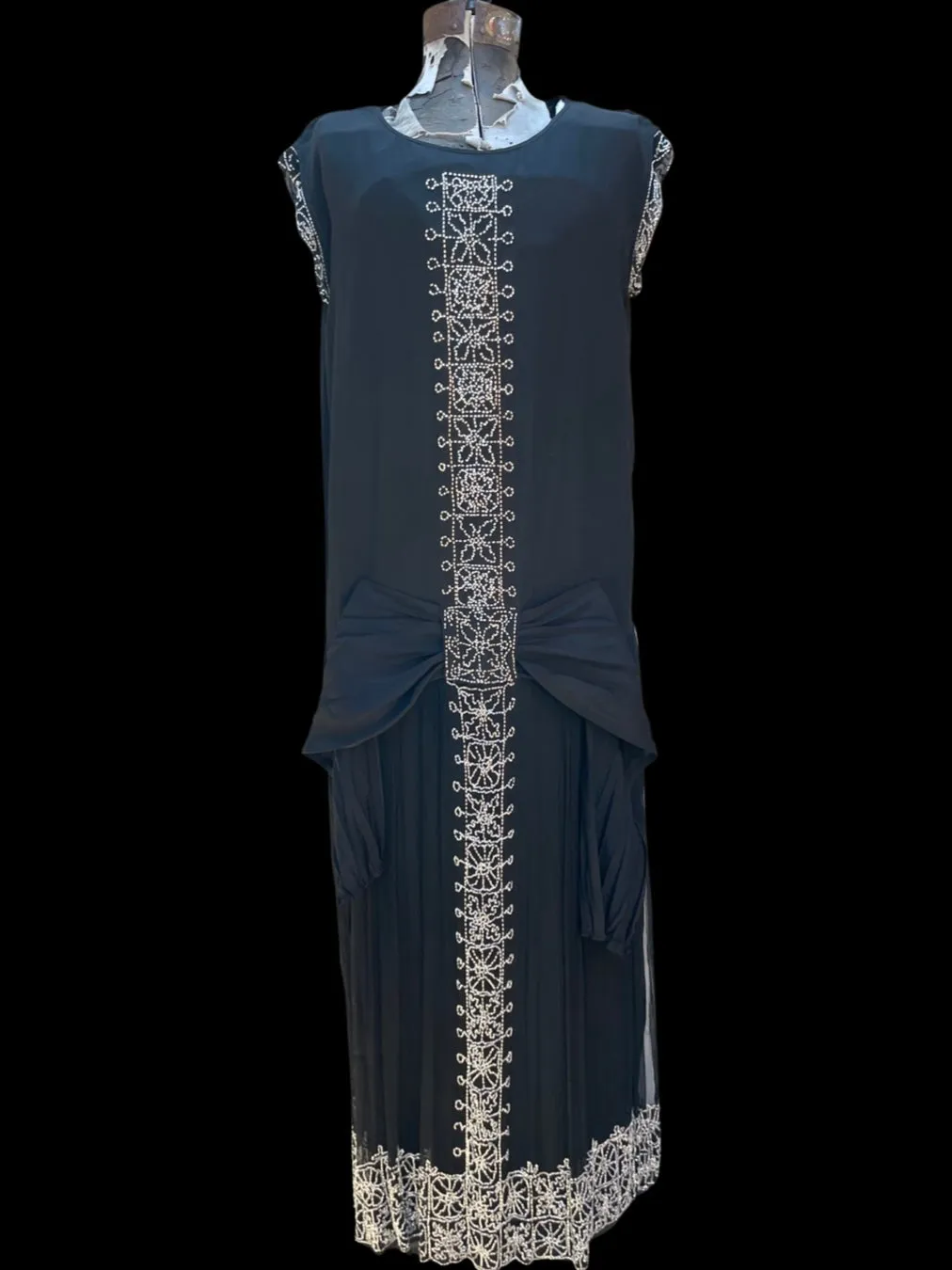 1920s Beaded Chiffon and Crepe Bow Dress
