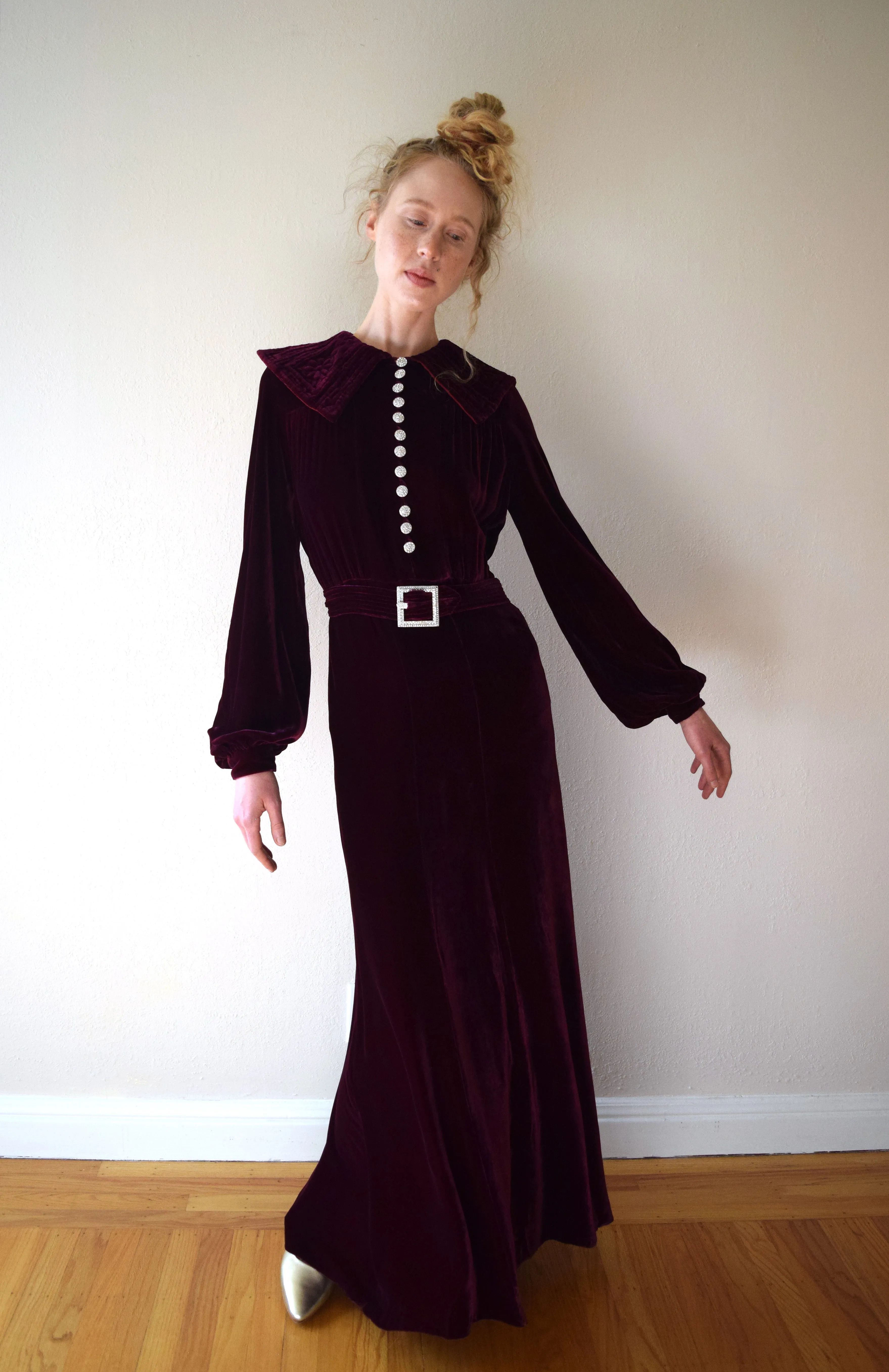 1930s silk velvet gown . vintage 30s velvet dress . size xs to small