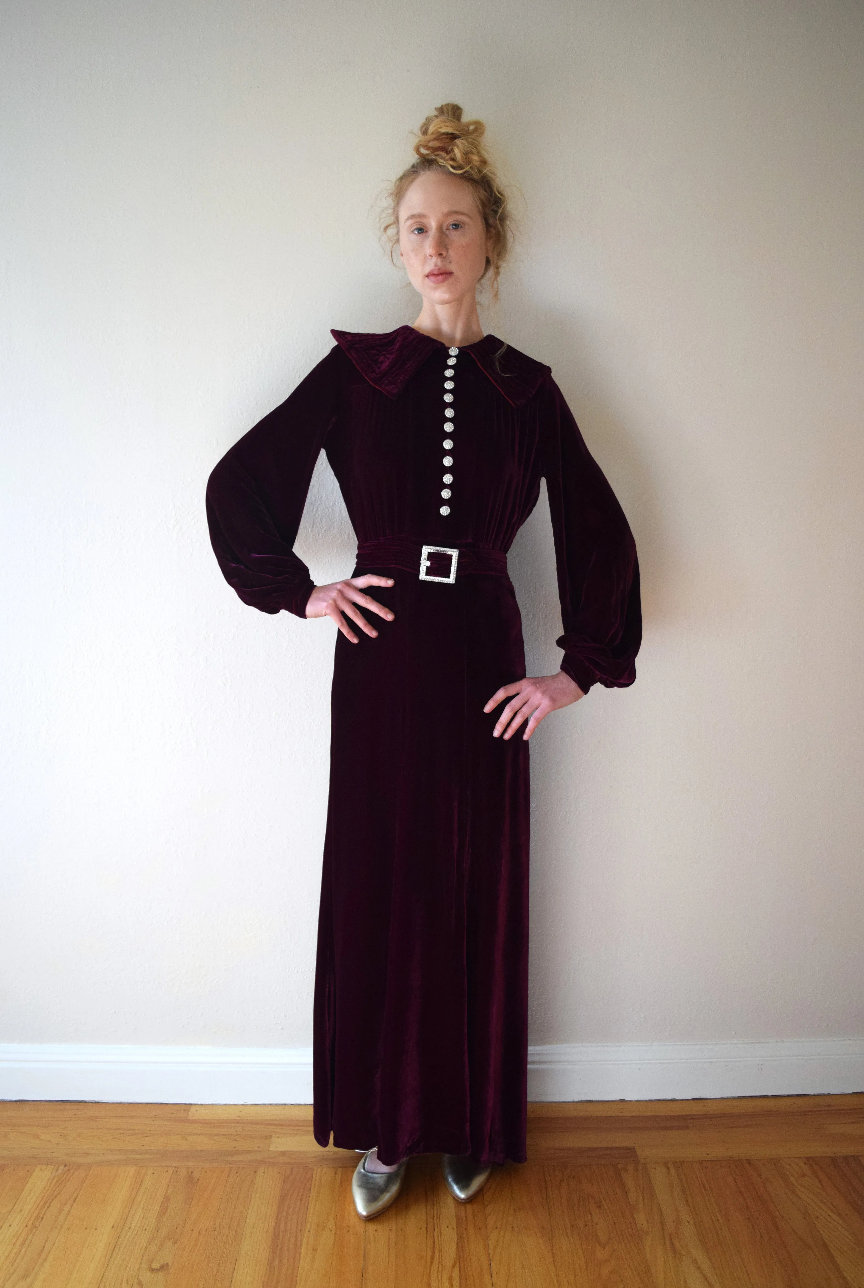 1930s silk velvet gown . vintage 30s velvet dress . size xs to small