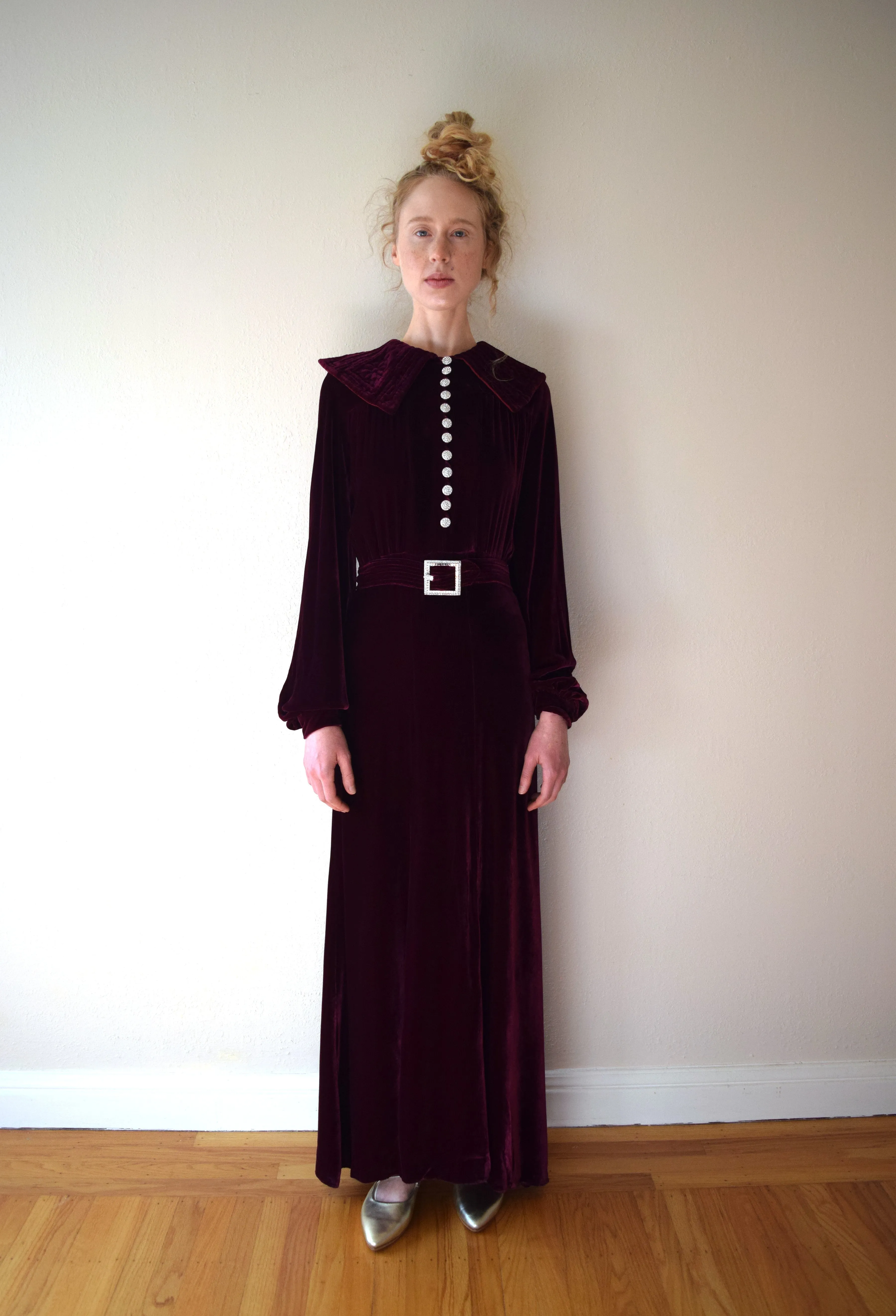 1930s silk velvet gown . vintage 30s velvet dress . size xs to small