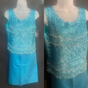 1960s Two Piece TURQUOISE Beaded Tank & Matching SKIRT