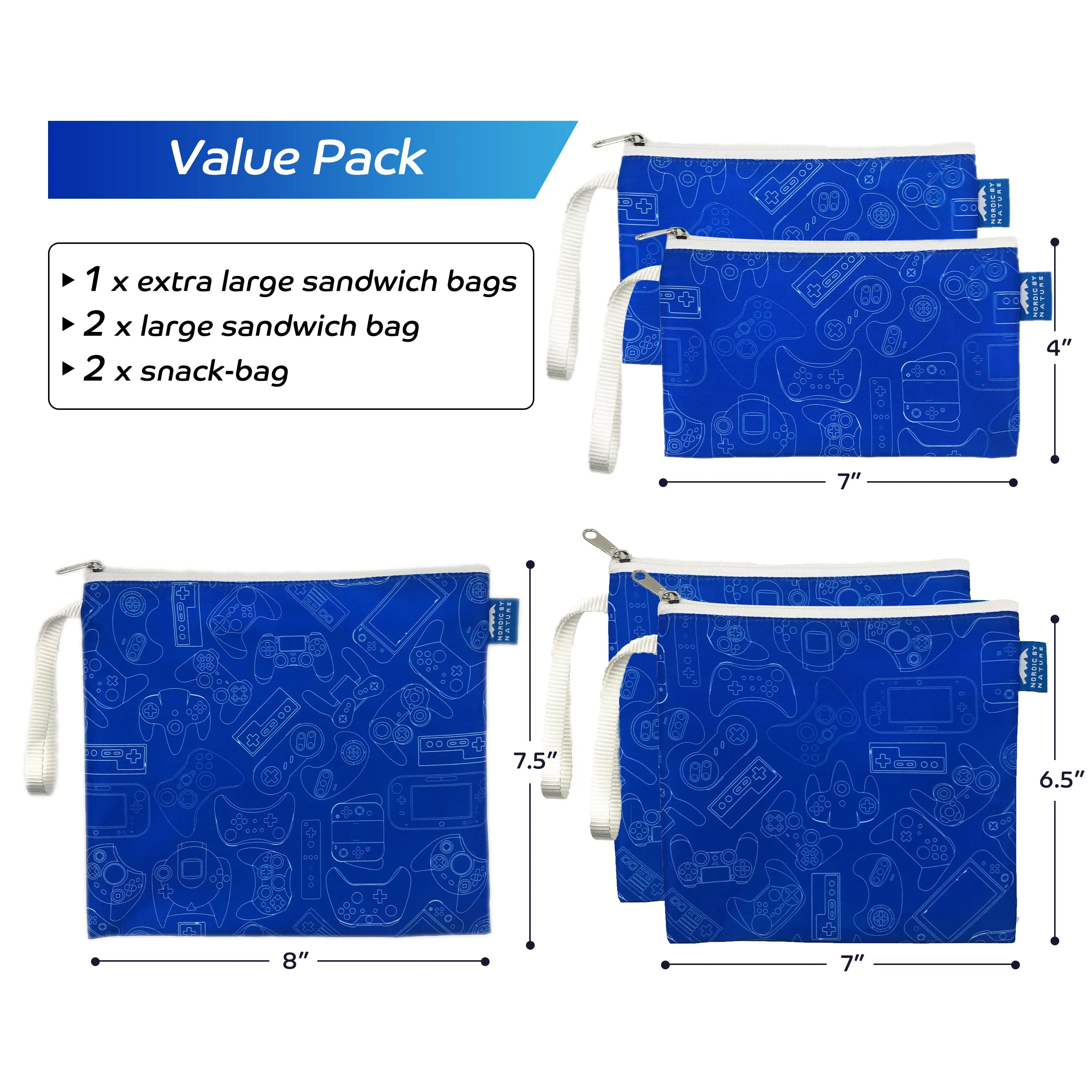 5 Dual-Layer Reusable Sandwich Bags- Gamer Blue