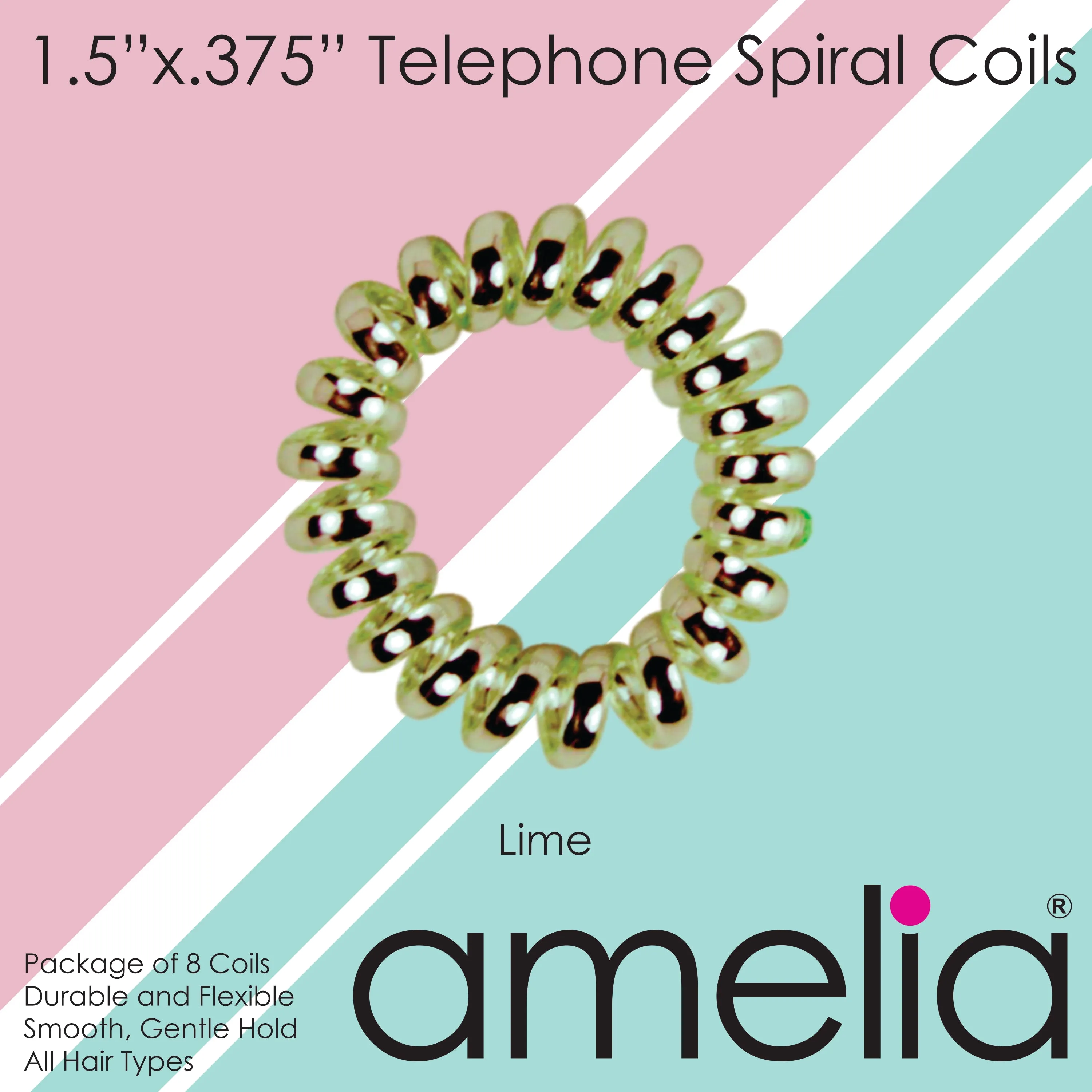 Amelia Beauty, 8 Small Shinny Elastic Hair Telephone Cord Coils, 1.5in Diameter Spiral Hair Ties, Strong Hold, Gentle on Hair, Lime Green