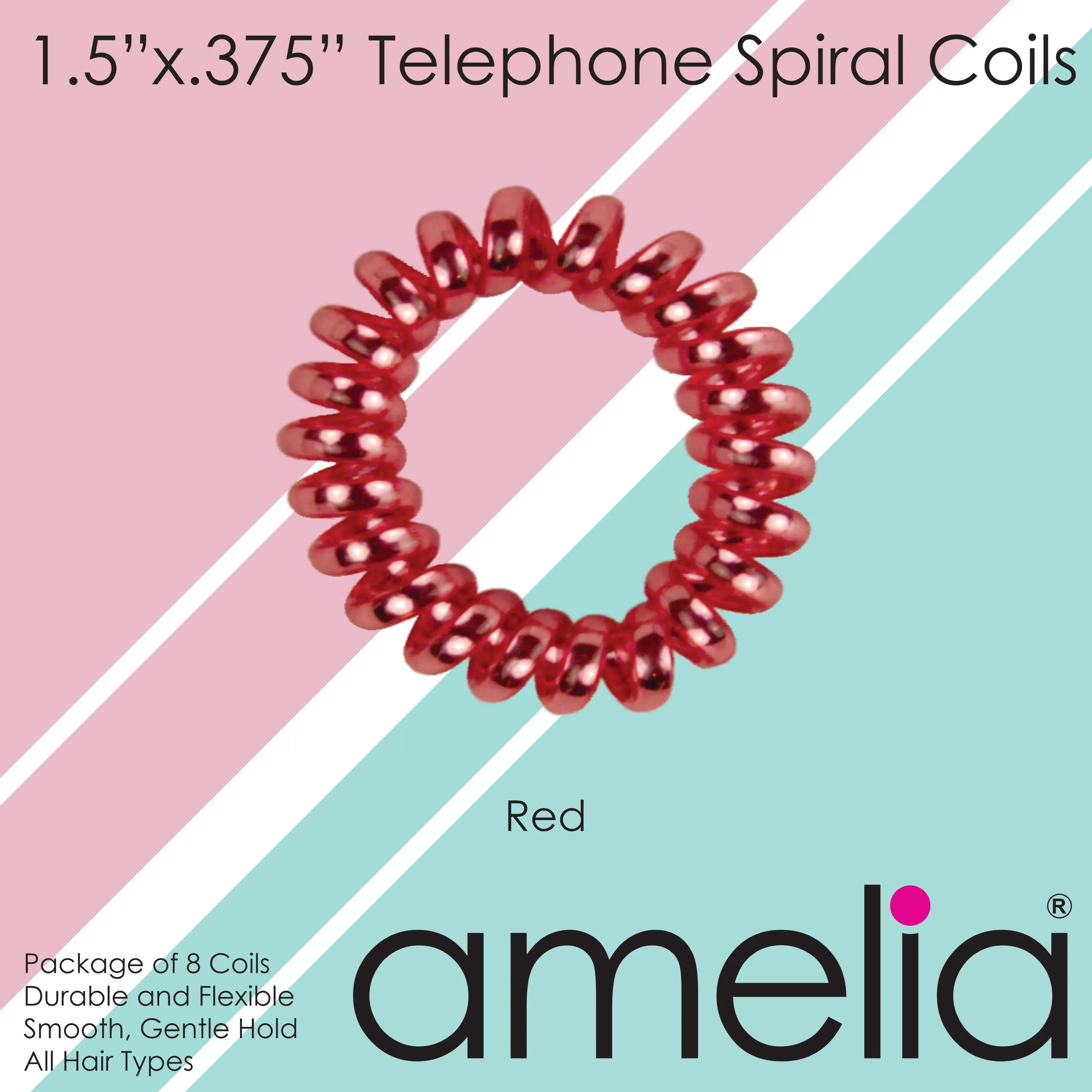 Amelia Beauty, 8 Small Shinny Elastic Hair Telephone Cord Coils, 1.5in Diameter Spiral Hair Ties, Strong Hold, Gentle on Hair, Red