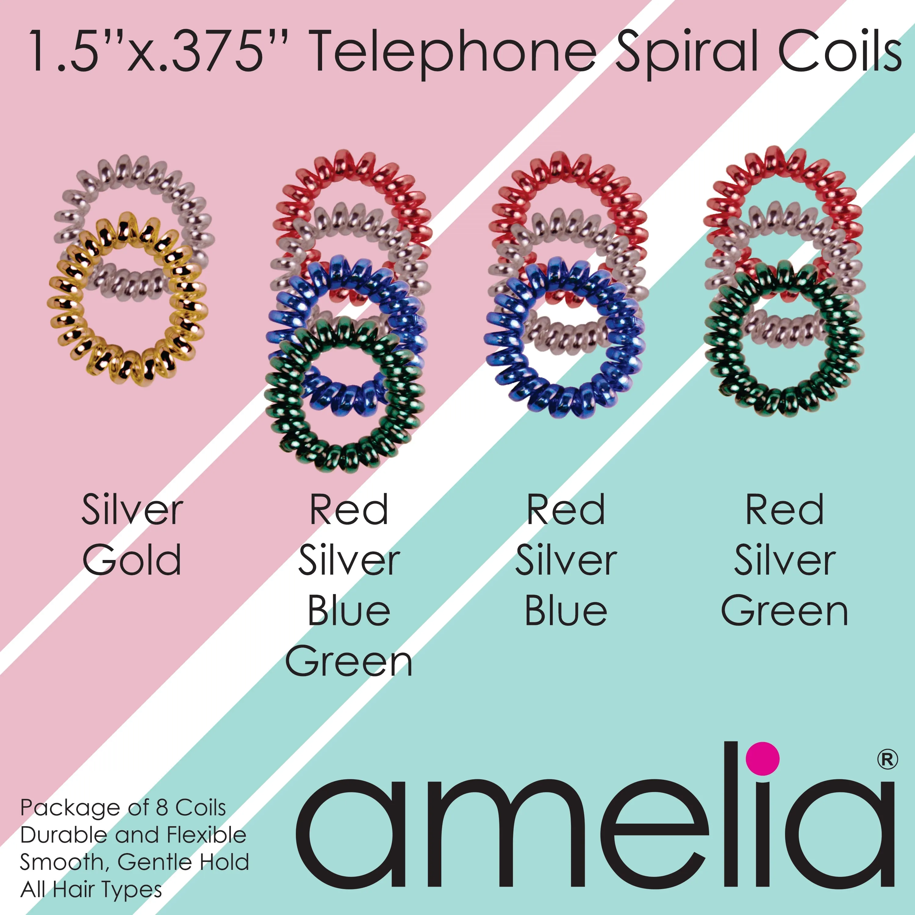 Amelia Beauty, 8 Small Shinny Elastic Hair Telephone Cord Coils, 1.5in Diameter Spiral Hair Ties, Strong Hold, Gentle on Hair, Silver, Red, Blue and Green Mix
