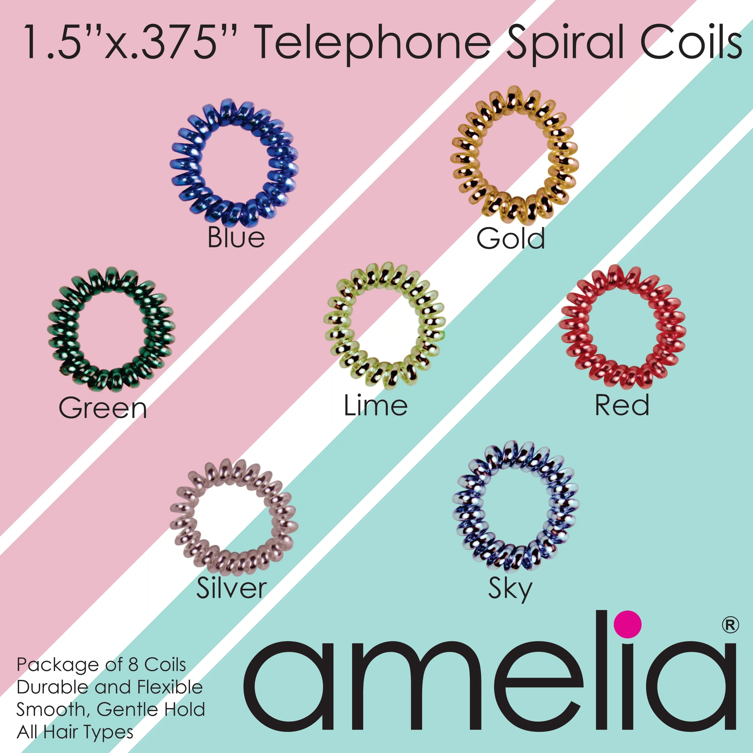 Amelia Beauty, 8 Small Shinny Elastic Hair Telephone Cord Coils, 1.5in Diameter Spiral Hair Ties, Strong Hold, Gentle on Hair, Silver, Red, Blue and Green Mix