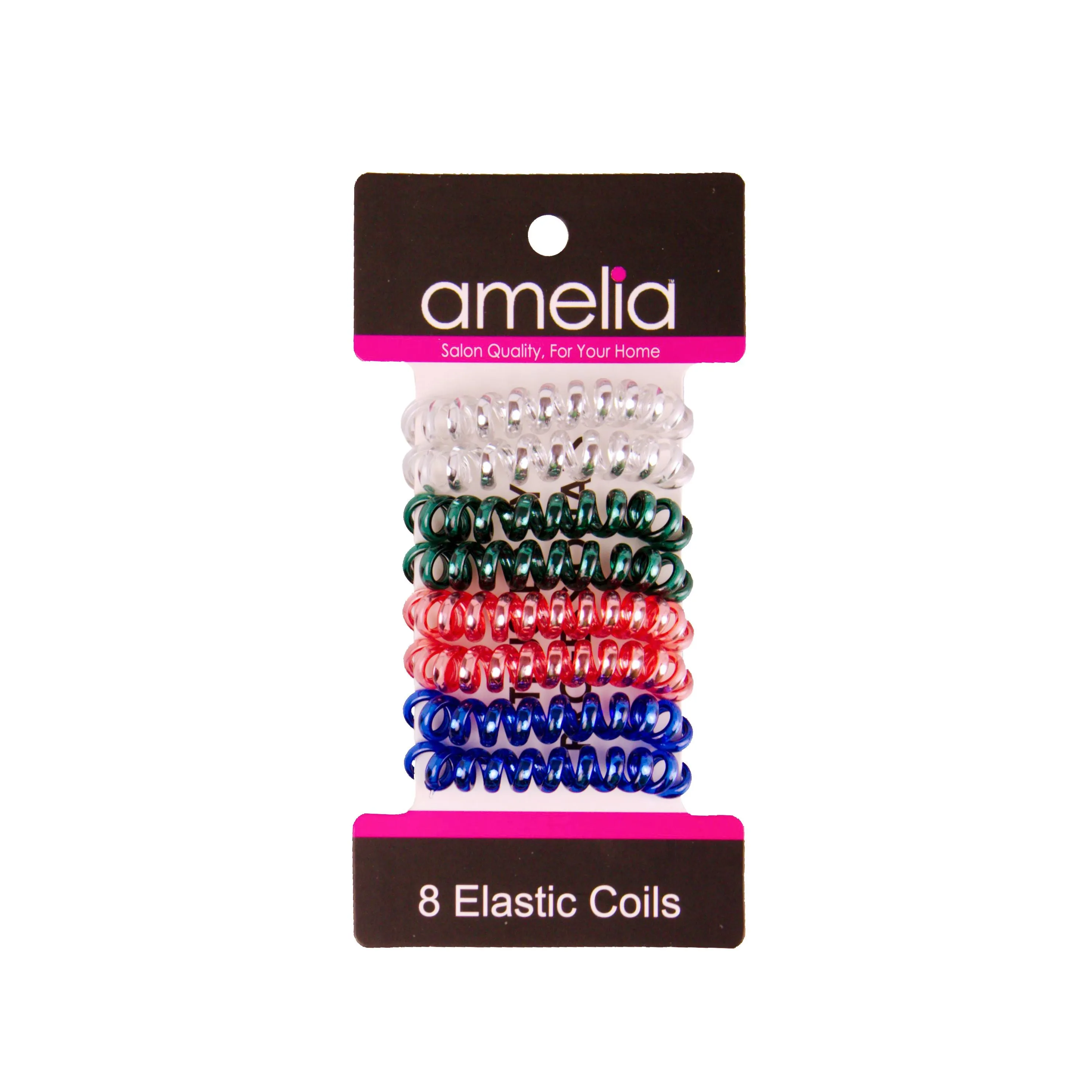 Amelia Beauty, 8 Small Shinny Elastic Hair Telephone Cord Coils, 1.5in Diameter Spiral Hair Ties, Strong Hold, Gentle on Hair, Silver, Red, Blue and Green Mix