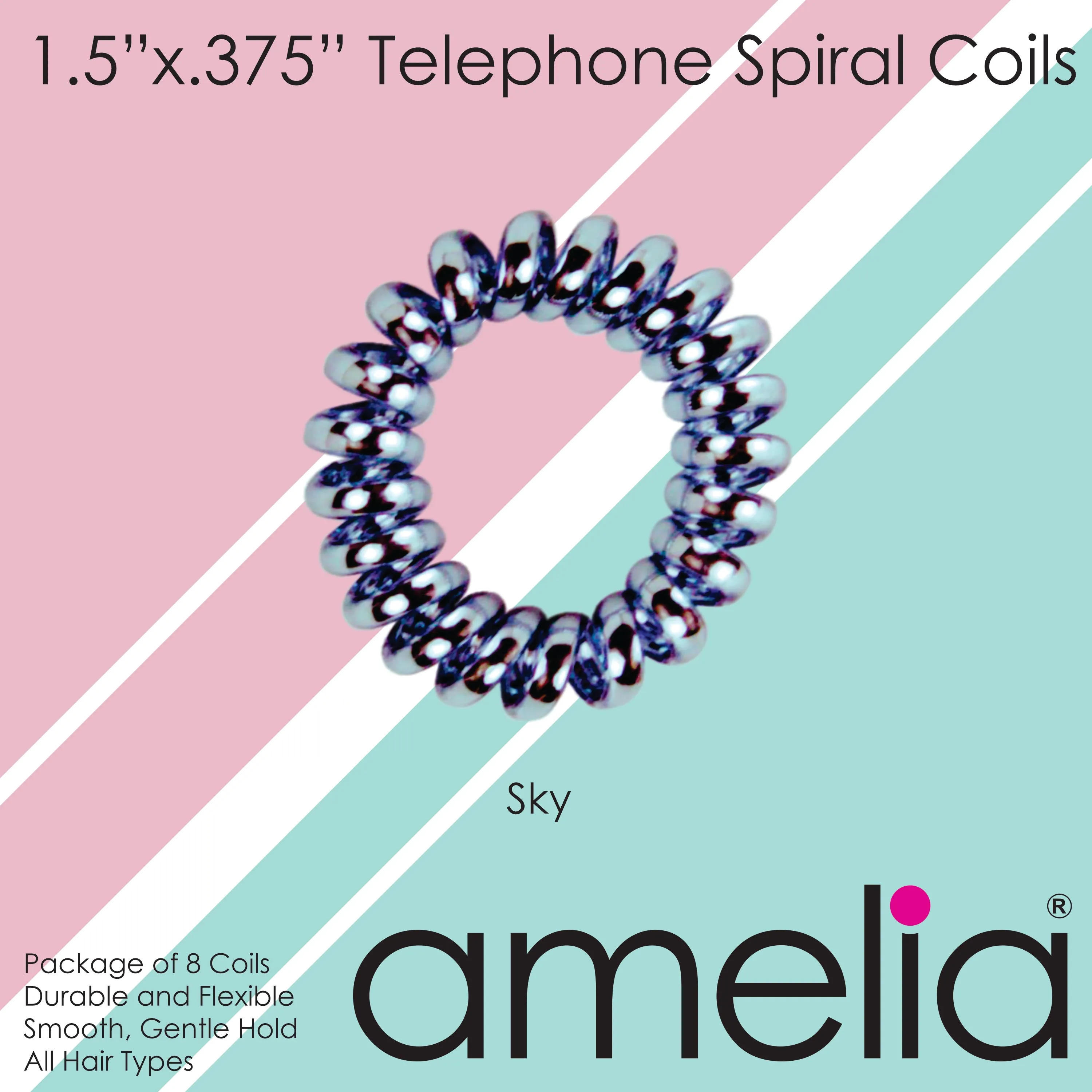 Amelia Beauty, 8 Small Shinny Elastic Hair Telephone Cord Coils, 1.5in Diameter Spiral Hair Ties, Strong Hold, Gentle on Hair, Sky Blue