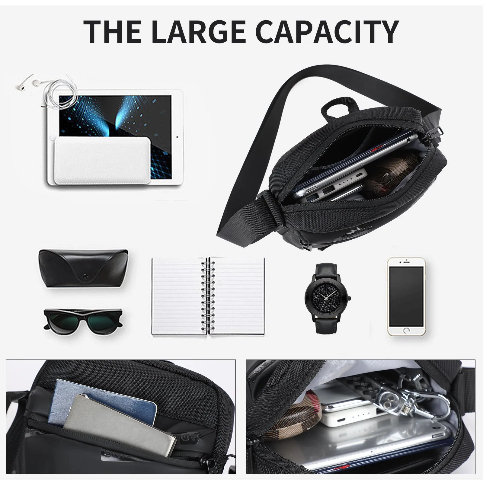Aoking Black Fashion Men Waterproof Sling Bag XK3055