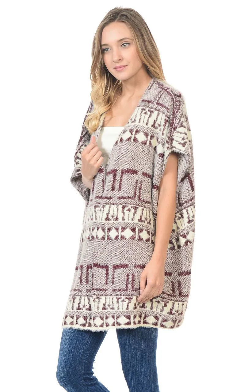 Aztec Cardigan Tribal Sweater Furry Vests Burgundy