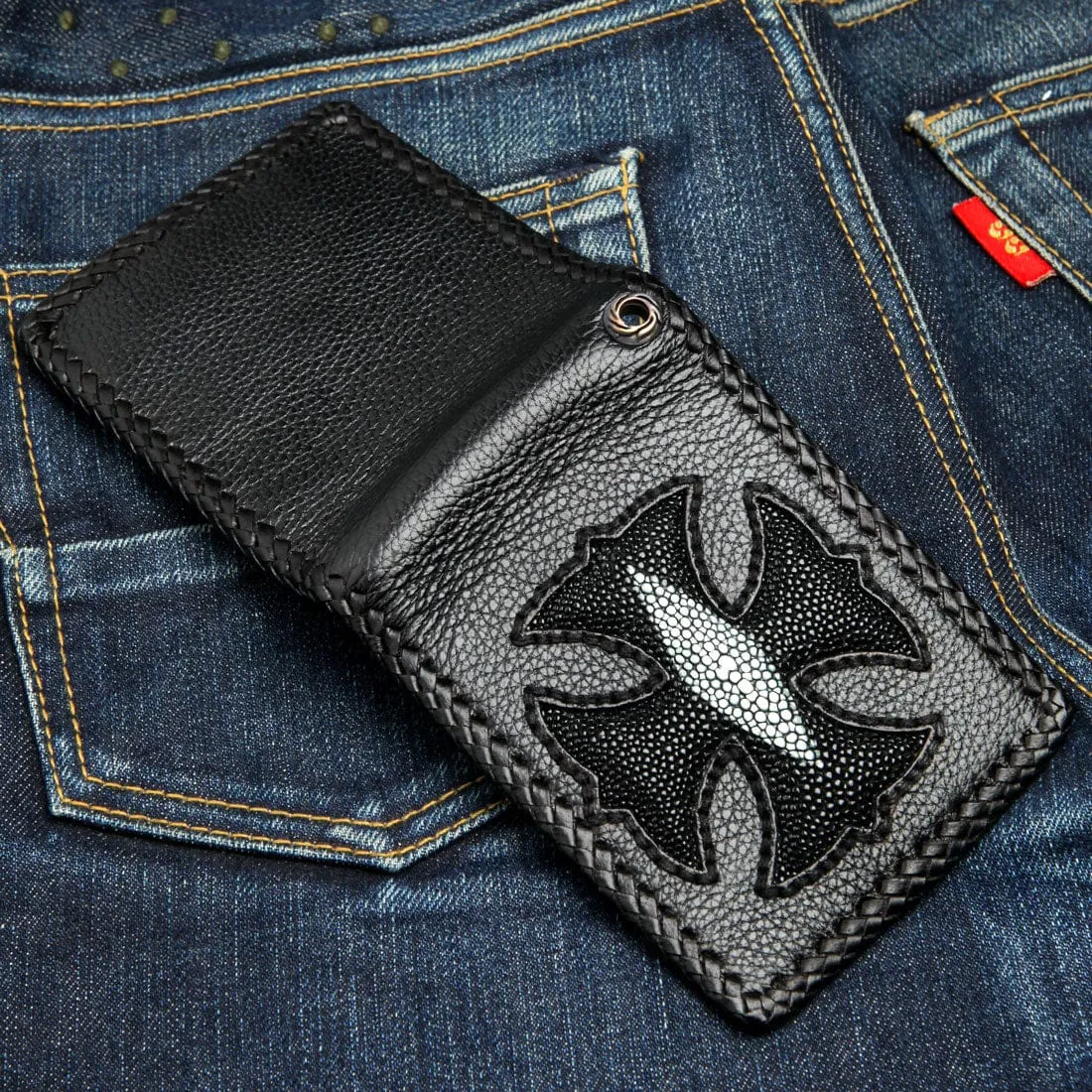 Black Cross Inlaid Genuine Stingray Leather Biker Wallet