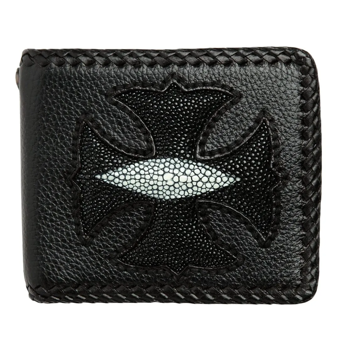 Black Cross Inlaid Genuine Stingray Leather Biker Wallet
