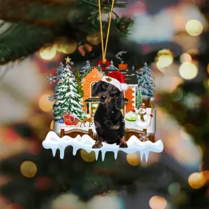 BLACK Dachshund-Xmas House-Two Sided Ornament