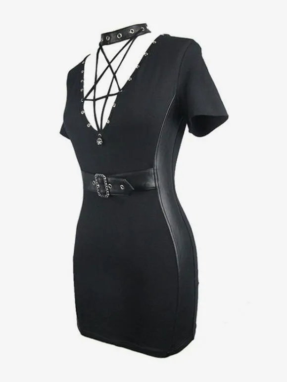Black Gothic Dress Halter Short Sleeves Lolita Short Dress