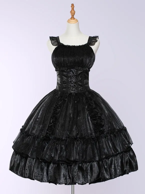 Black Gothic Elegant Lolita Dresses Pastel Goth Outfits Ruffles Tiered Black JSK