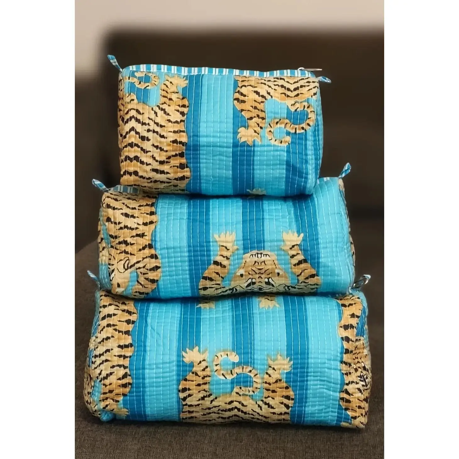 Block Printed Cotton Quilted Toiletry Bag-Blue Tiger