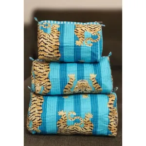 Block Printed Cotton Quilted Toiletry Bag-Blue Tiger