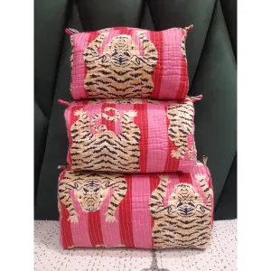 Block Printed Cotton Quilted Toiletry Bag-Pink Tiger