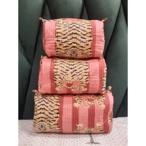 Block Printed Cotton Quilted Toiletry Bag-Rose Tiger