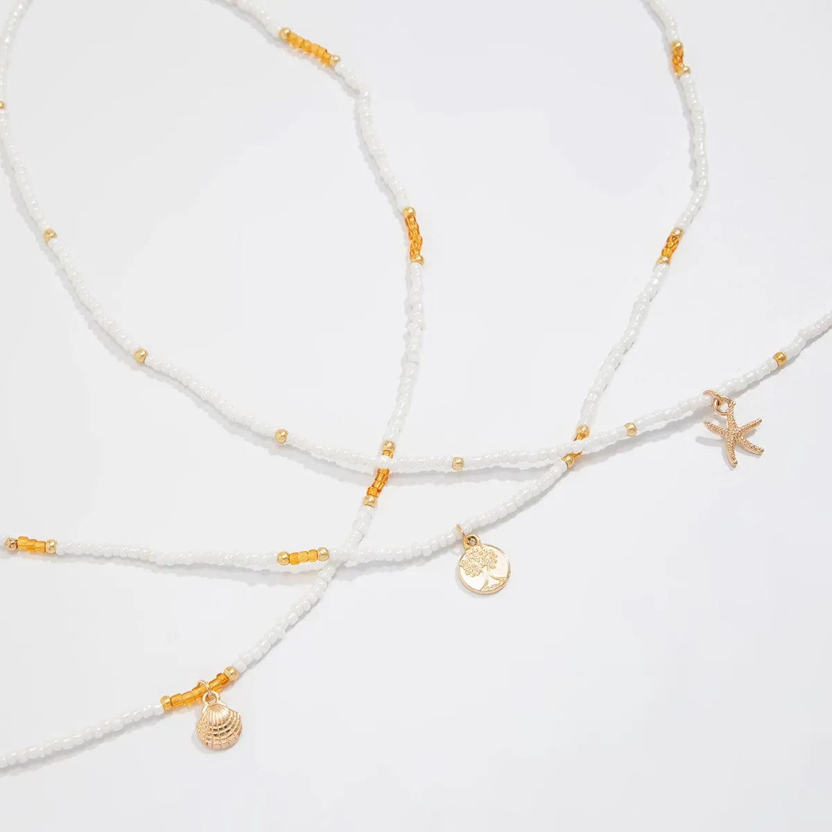 Boho 3Pcs Crystal Beaded Starfish Shell Pendant Waist Chain Set