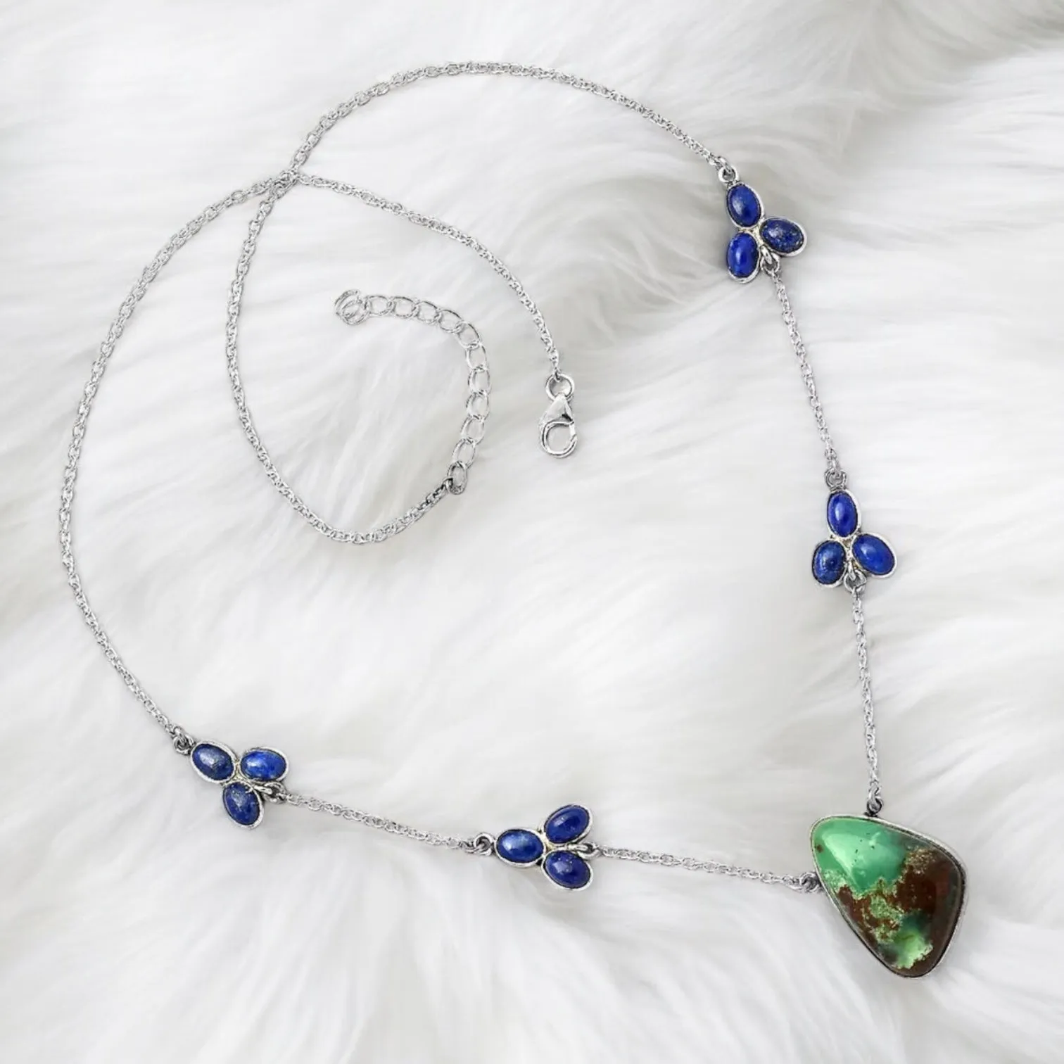 Boulder Chrysoprase & Blue Lapis Solid 925 Sterling Silver Necklace