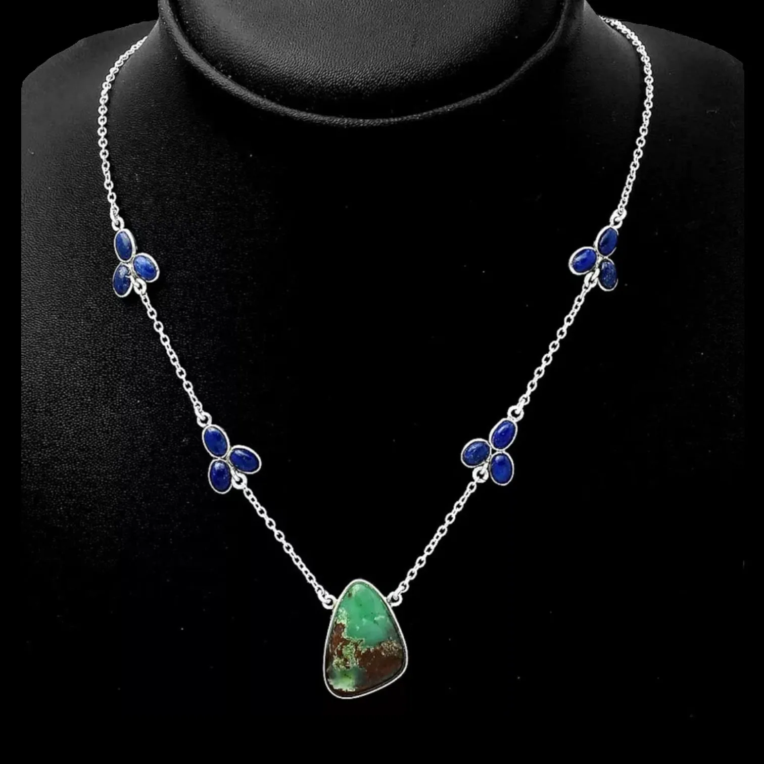 Boulder Chrysoprase & Blue Lapis Solid 925 Sterling Silver Necklace