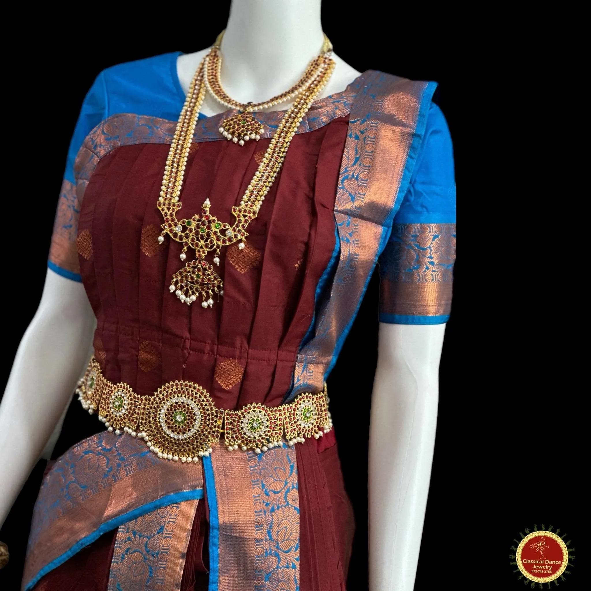 BROWN BLUE 40 inchs Pant Length Kuchipudi Indian Copper Zari Dance Costume | Art silk Dharmavaram Kanchi | Classical Dance Jewelry