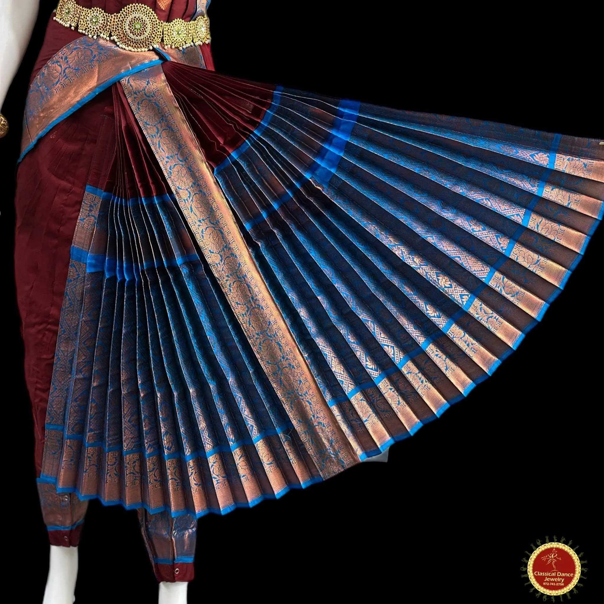 BROWN BLUE 40 inchs Pant Length Kuchipudi Indian Copper Zari Dance Costume | Art silk Dharmavaram Kanchi | Classical Dance Jewelry