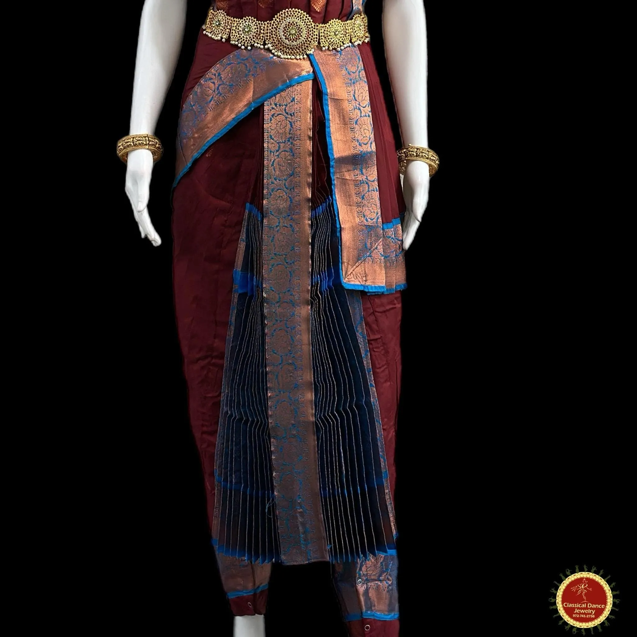 BROWN BLUE 40 inchs Pant Length Kuchipudi Indian Copper Zari Dance Costume | Art silk Dharmavaram Kanchi | Classical Dance Jewelry