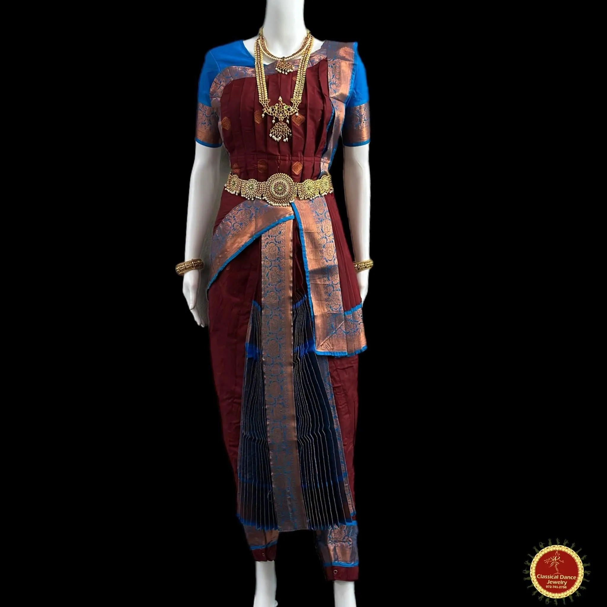BROWN BLUE 40 inchs Pant Length Kuchipudi Indian Copper Zari Dance Costume | Art silk Dharmavaram Kanchi | Classical Dance Jewelry