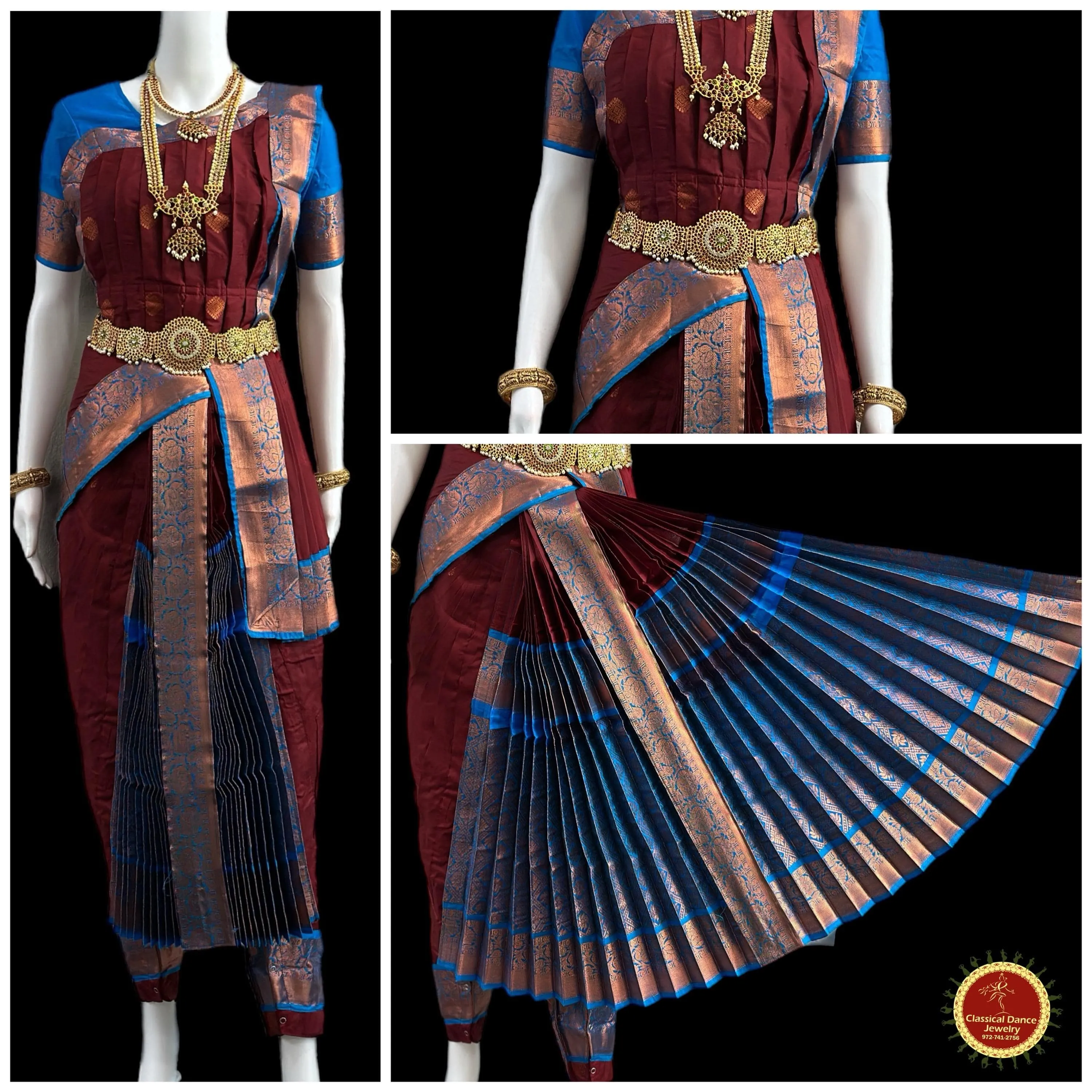 BROWN BLUE 40 inchs Pant Length Kuchipudi Indian Copper Zari Dance Costume | Art silk Dharmavaram Kanchi | Classical Dance Jewelry