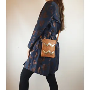 Brown faux leather pre-owned vegan friendly small bag with sparkly gold zig zag detail