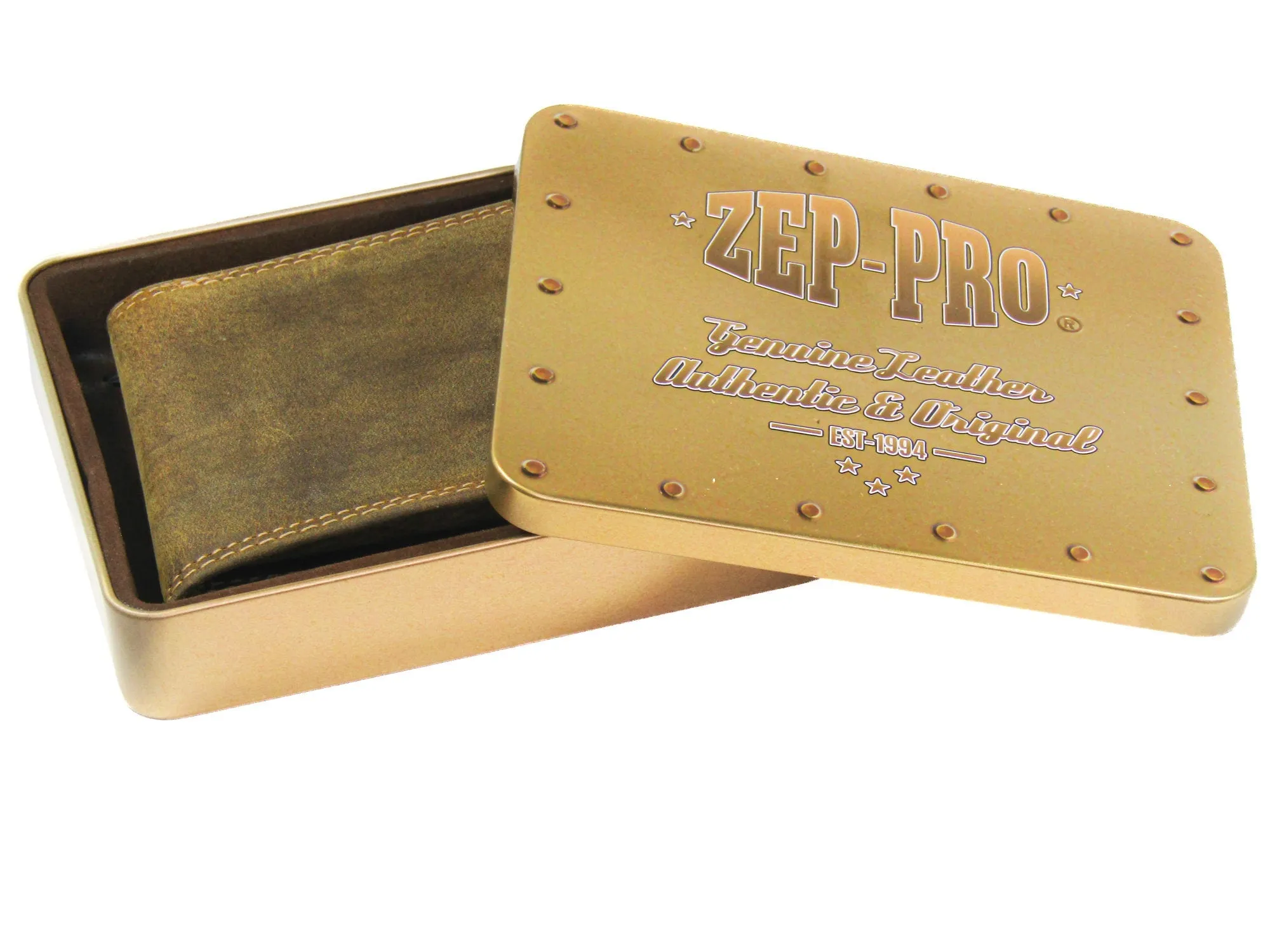 Buck Men's Bifold Leather Wallet. Vintage Tan Full Grain Leather With Antique Brass Logo