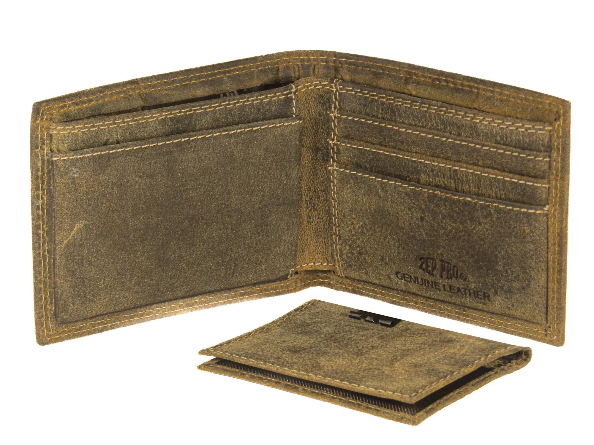 Buck Men's Bifold Leather Wallet. Vintage Tan Full Grain Leather With Antique Brass Logo