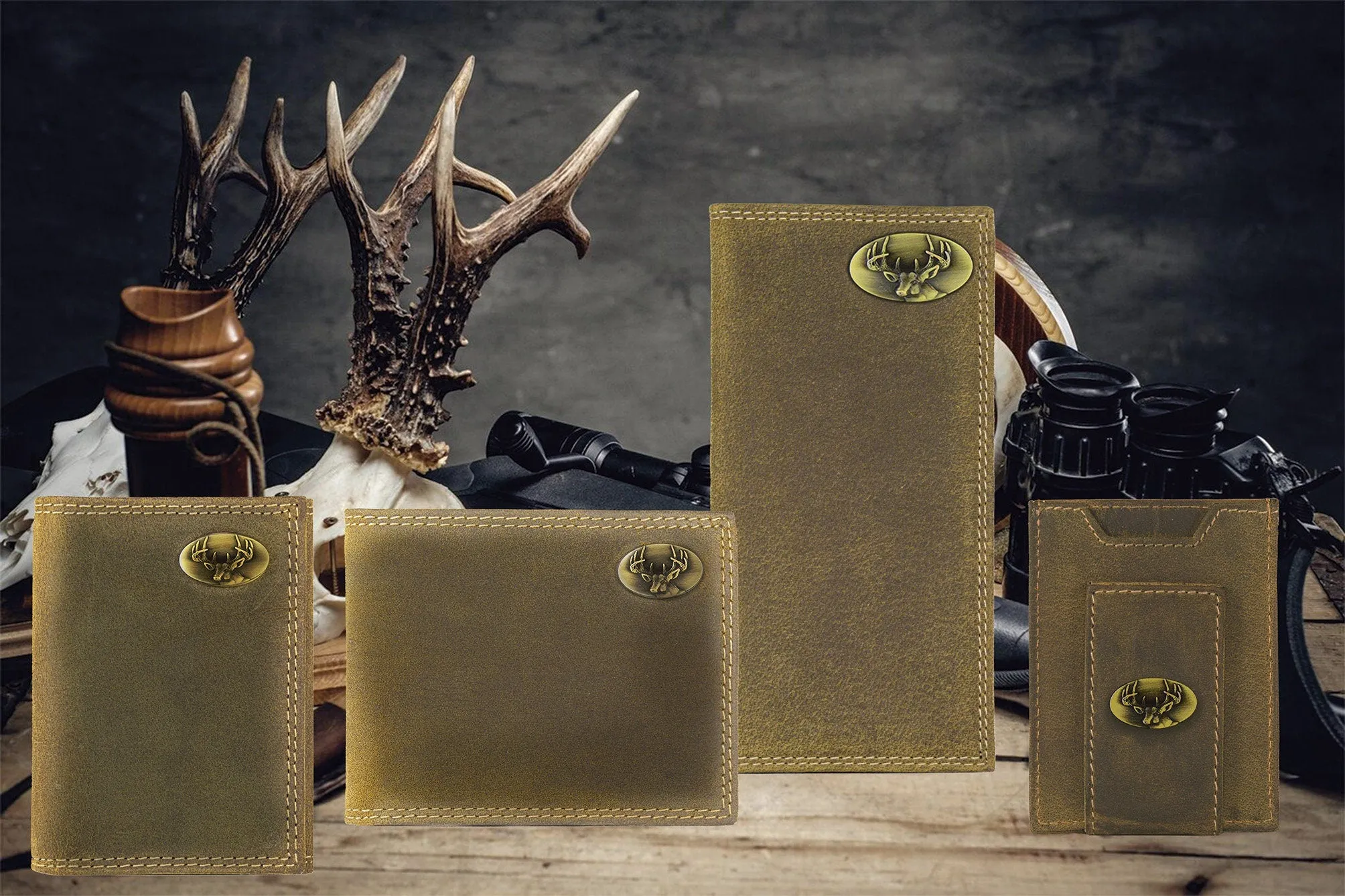 Buck Men's Bifold Leather Wallet. Vintage Tan Full Grain Leather With Antique Brass Logo
