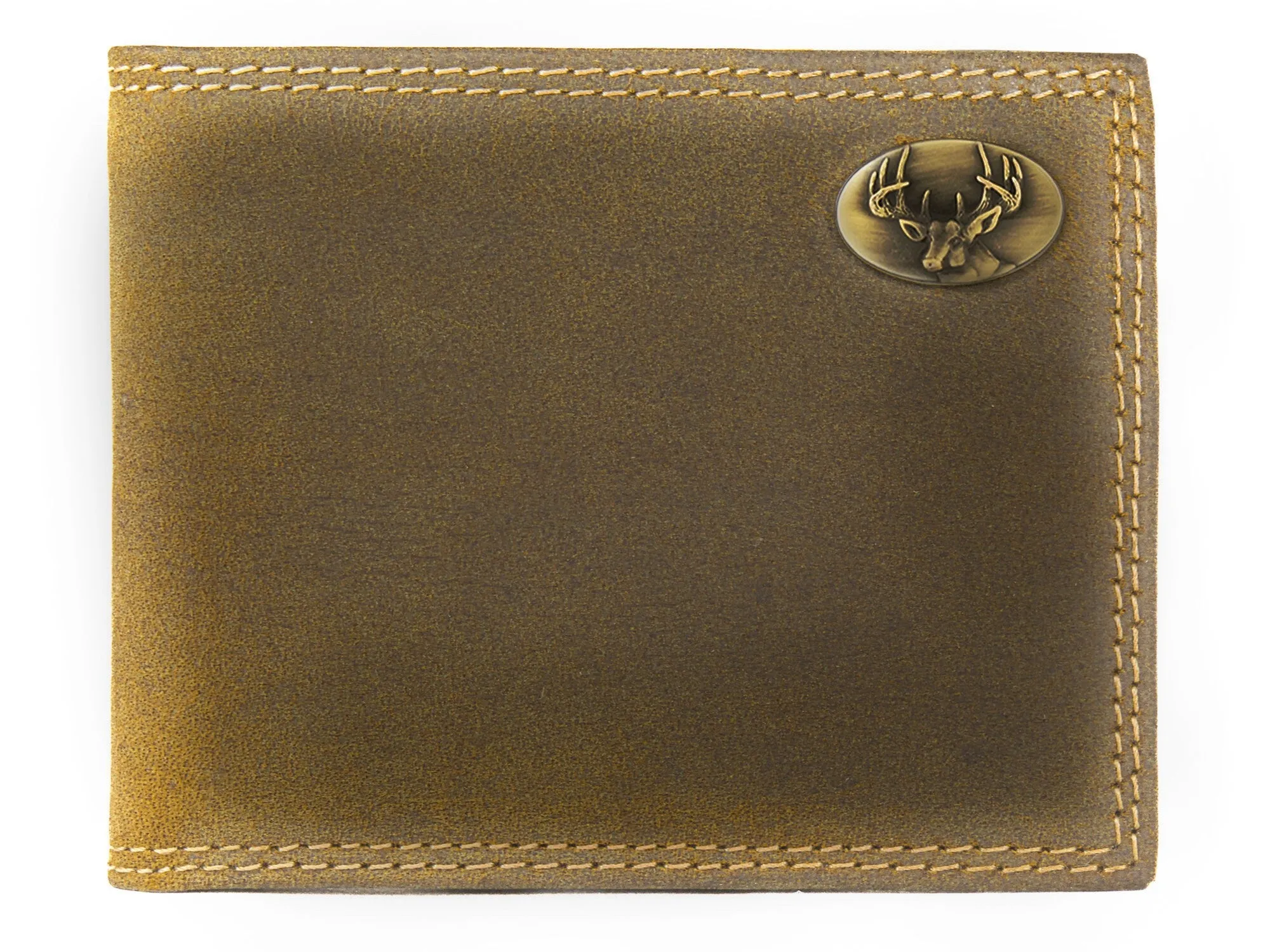 Buck Men's Bifold Leather Wallet. Vintage Tan Full Grain Leather With Antique Brass Logo