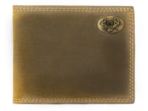Buck Men's Bifold Leather Wallet. Vintage Tan Full Grain Leather With Antique Brass Logo