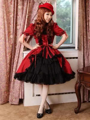 Burgundy Layered Cotton Gothic Lolita Dress for Women