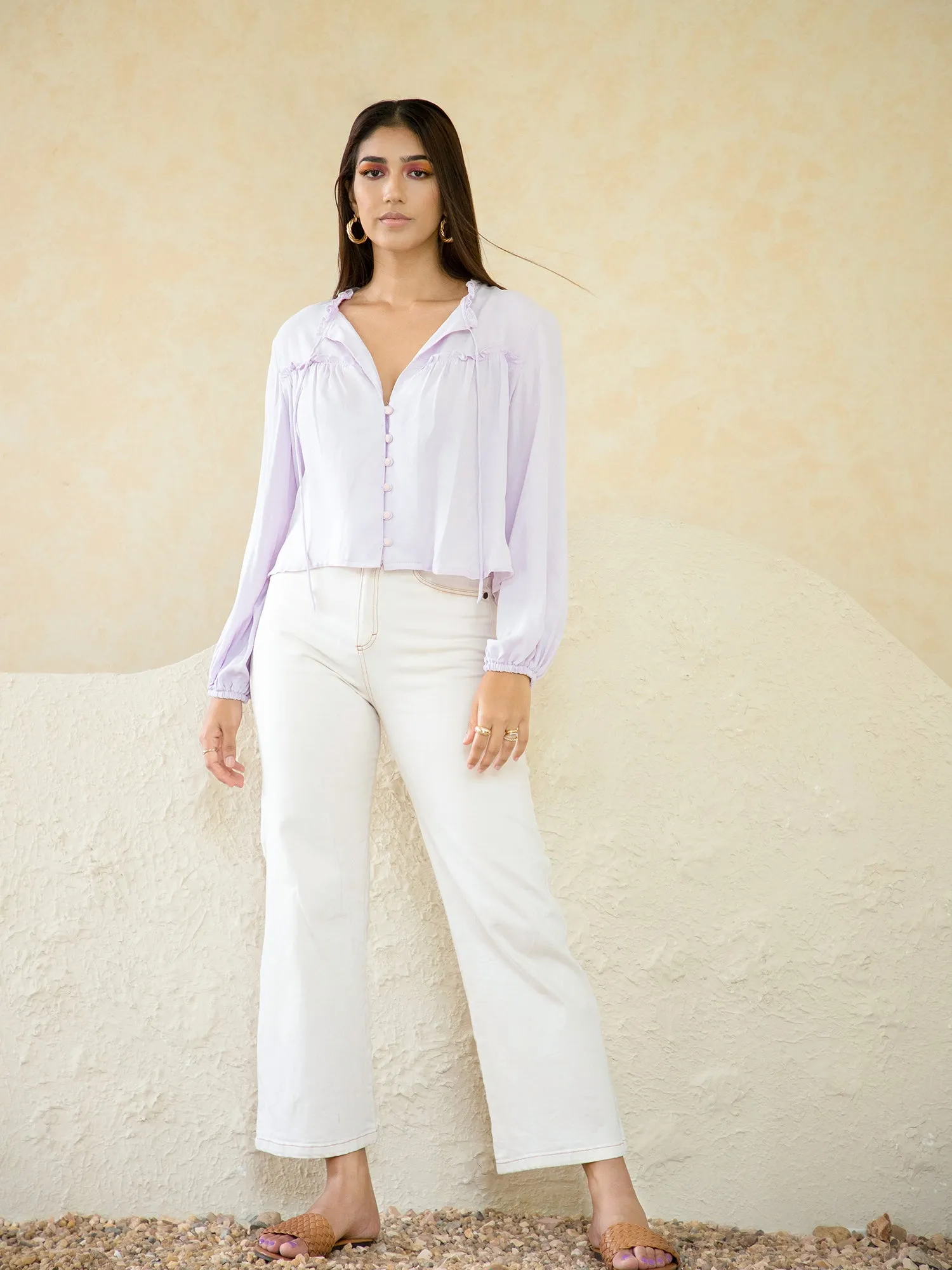 Button Down Ruffle Neck Top