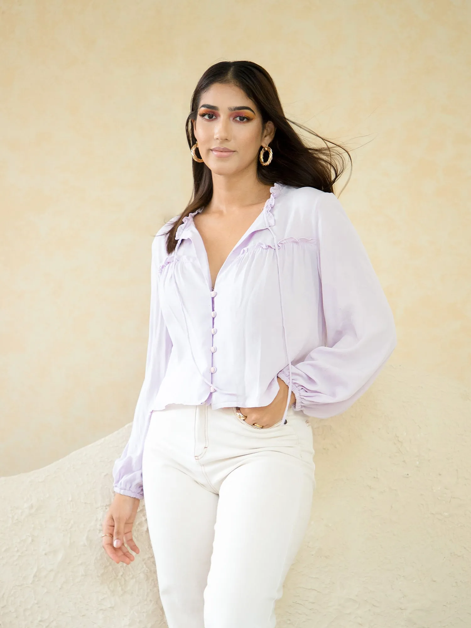 Button Down Ruffle Neck Top