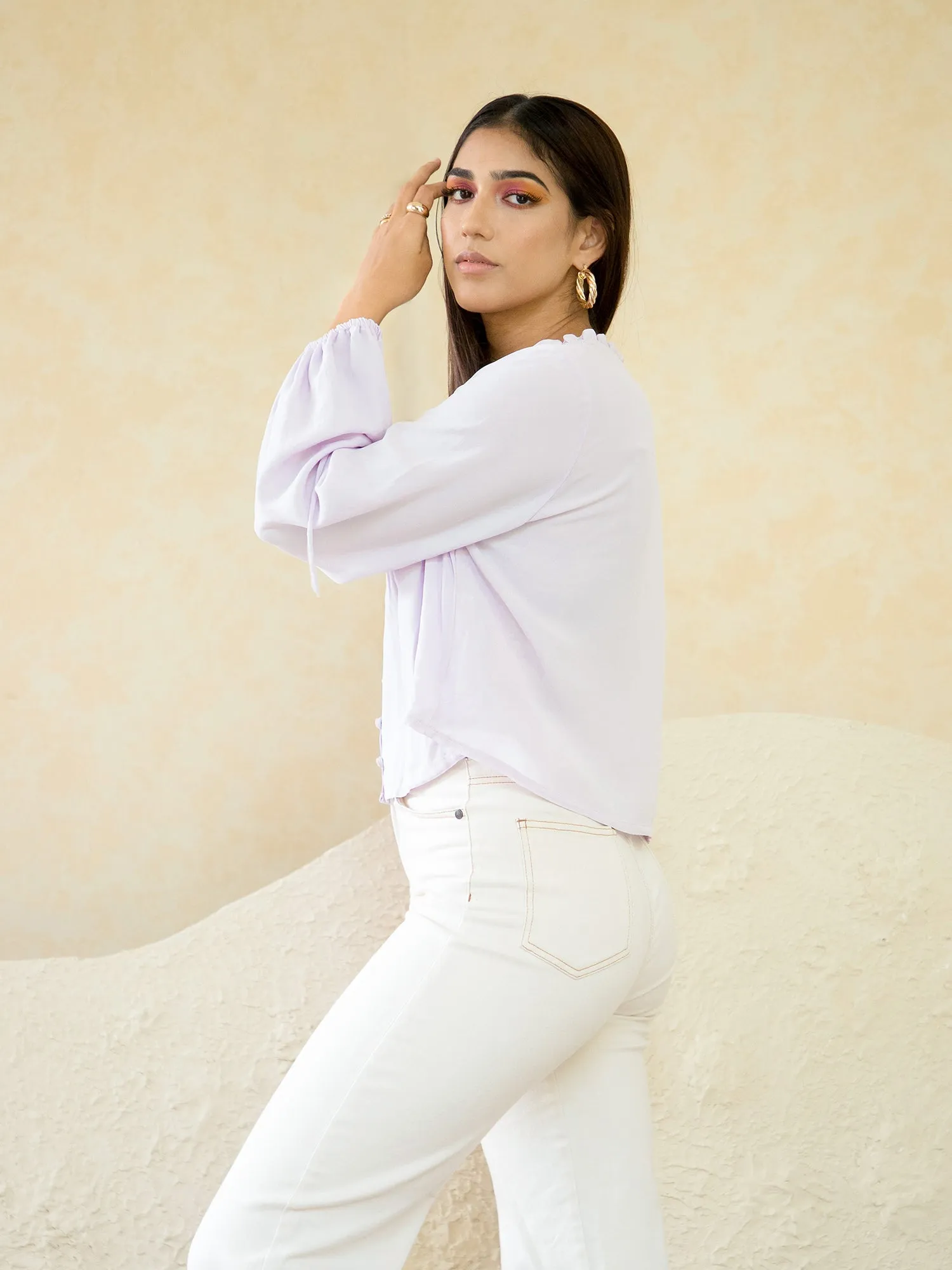 Button Down Ruffle Neck Top