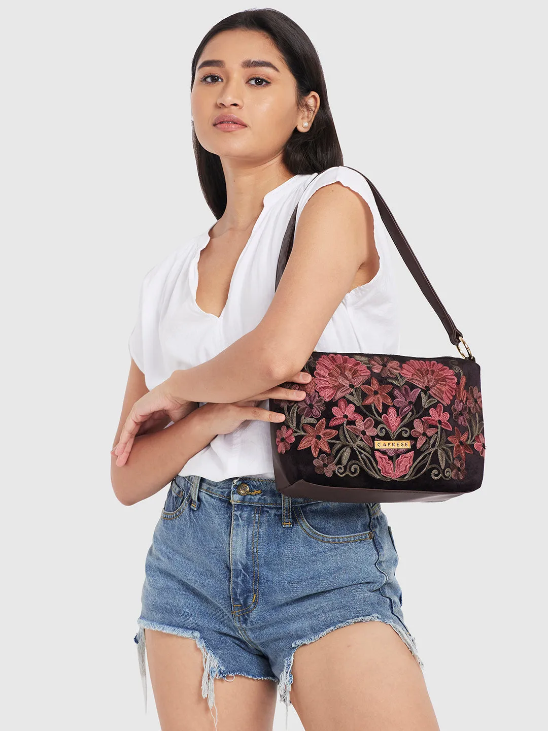 Caprese Tresna Embroidery Brown Crossbody Bag