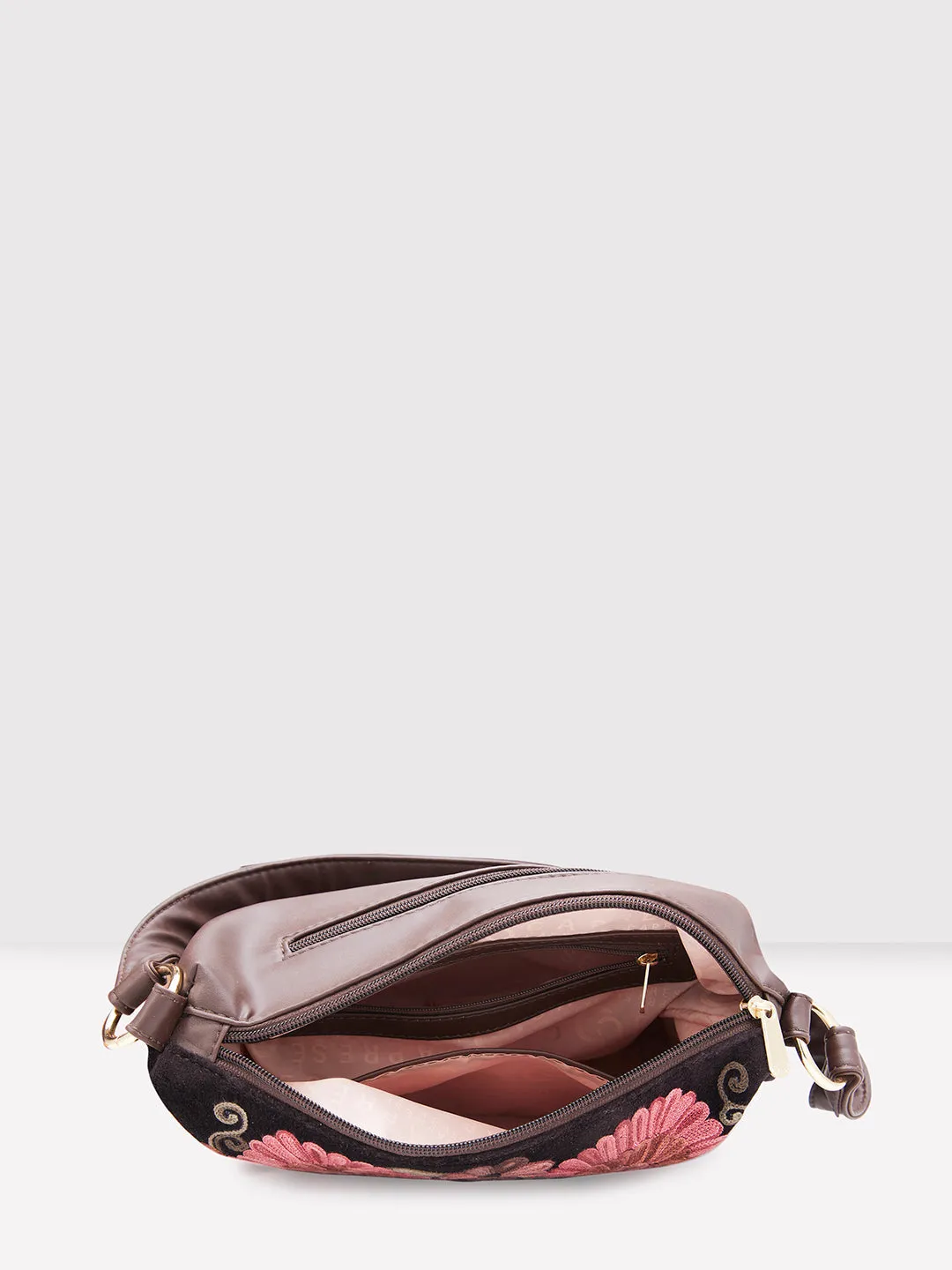 Caprese Tresna Embroidery Brown Crossbody Bag
