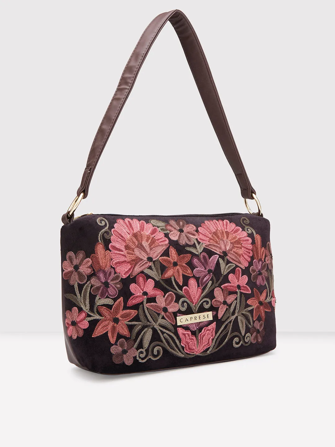 Caprese Tresna Embroidery Brown Crossbody Bag
